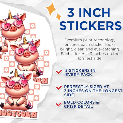 (3 Pack) Piggycorn Decals - Pig Unicorn - Funny Pig - Heart Glasses - 3 Inches On Longest Side - Easy Peel & Apply - Made in USA - 3MCS6700