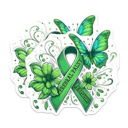 (2 Pack) Cerebral Palsy Awareness Stickers - Green Ribbon Sticker - Butterfly and Flower Stickers - 5" On Longest Side - Sticks to Smooth Flat Surfaces - Made in USA - BMCS6003