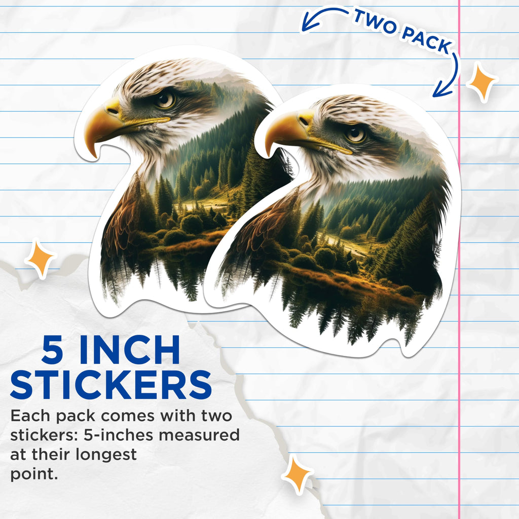 (2 Packs) Eagle with Forest Nature Stickers - Cool Eagle with Forest Nature Decals - 5 Inches On Longest Side - Premium Vinyl Decal - Sticks to Any Smooth Flat Surface - Made in USA - BMCS2273