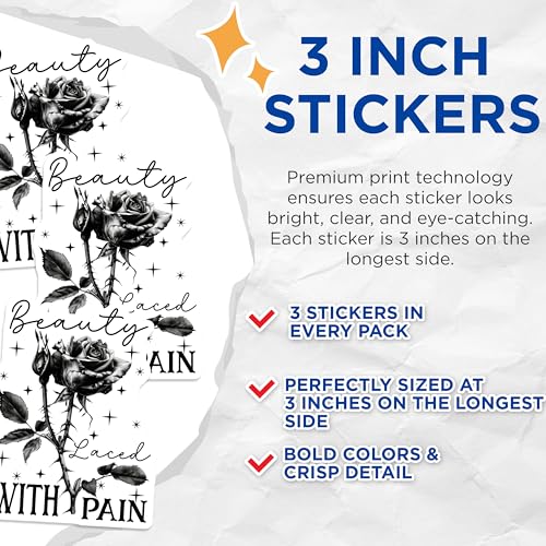 (3 Pack) Rose Decals - Floral Laptop Stickers - Beauty Laced with Pain Decal - 3 Inches On Longest Side - Easy Peel & Apply - Made in USA - 3MCS2139