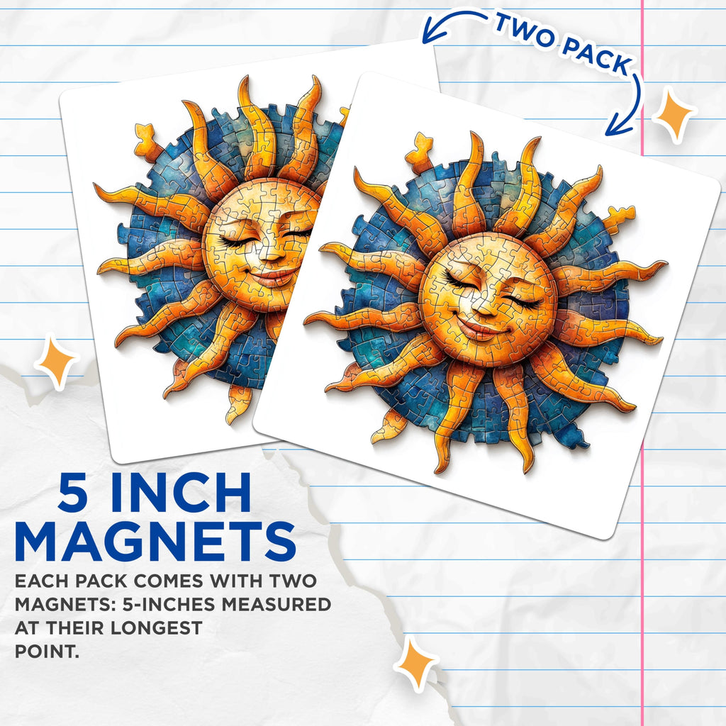 (2 Pack) Serene Jigsaw Sun Magnets - Smiling Puzzle Art Celestial Decor - Vibrant Artistic Kitchen Refrigerator Magnets - 5 Inches On Longest Side - Thick Durable Magnet - Made in USA - MAG24076