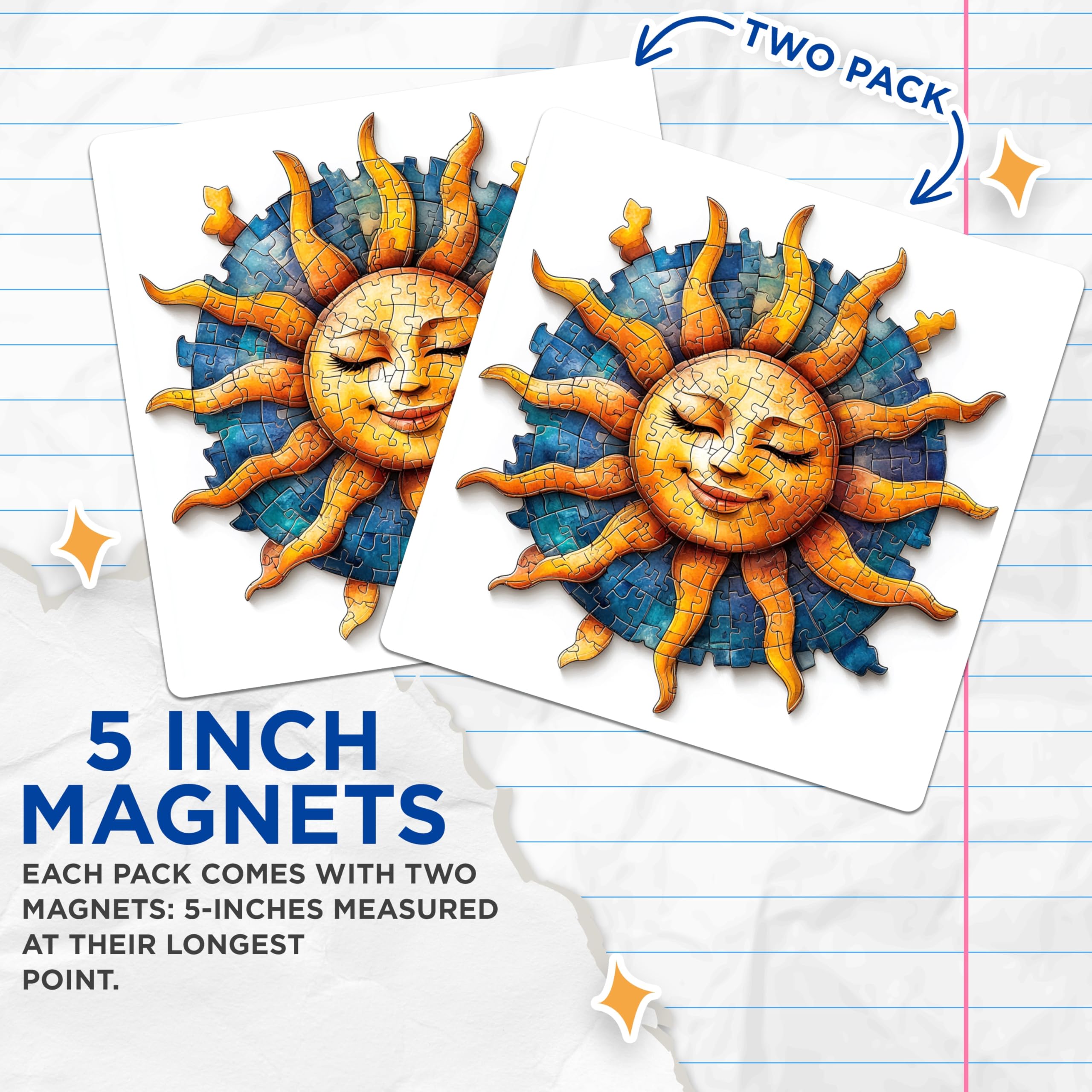 (2 Pack) Serene Jigsaw Sun Magnets - Smiling Puzzle Art Celestial Decor - Vibrant Artistic Kitchen Refrigerator Magnets - 5 Inches On Longest Side - Thick Durable Magnet - Made in USA - MAG24076