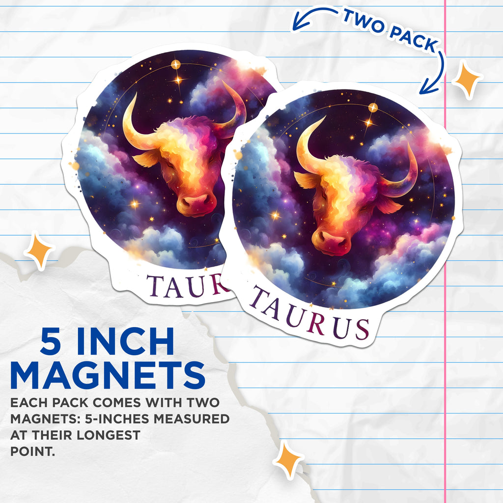 (2 Pack) Taurus Magnets - Zodiac Sign Art - Cosmic Bull Refrigerator Decor - Astrology Star Sign - 5 Inches On Longest Side - Thick Durable Magnet - Made in USA - MAG37599