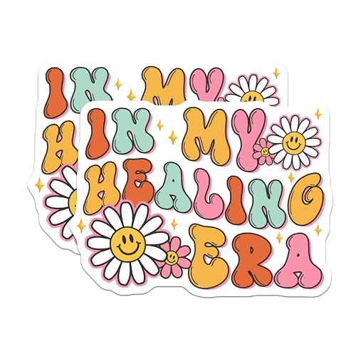 (2 Pack) Healing Era Stickers - Positive Quote - Retro Flower Design - 5" On Longest Side - Sticks to Smooth Flat Surfaces - Made in USA - BMCS7668