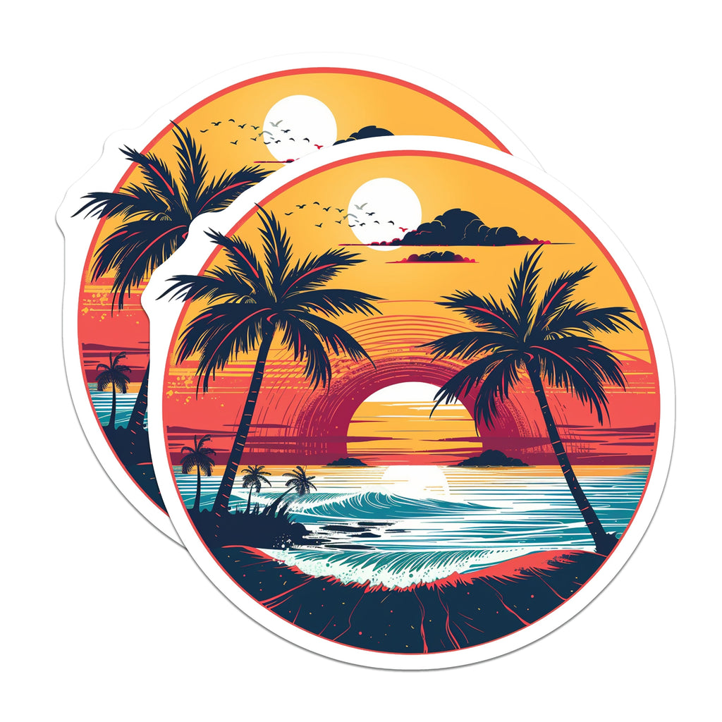 (2 Pack) Tropical Sunset Magnets - Palm Tree Beach Scene - Vintage Vacation Vibe Fridge Locker - 5 Inches On Longest Side - Thick Durable Magnet - Made in USA - MAG36283