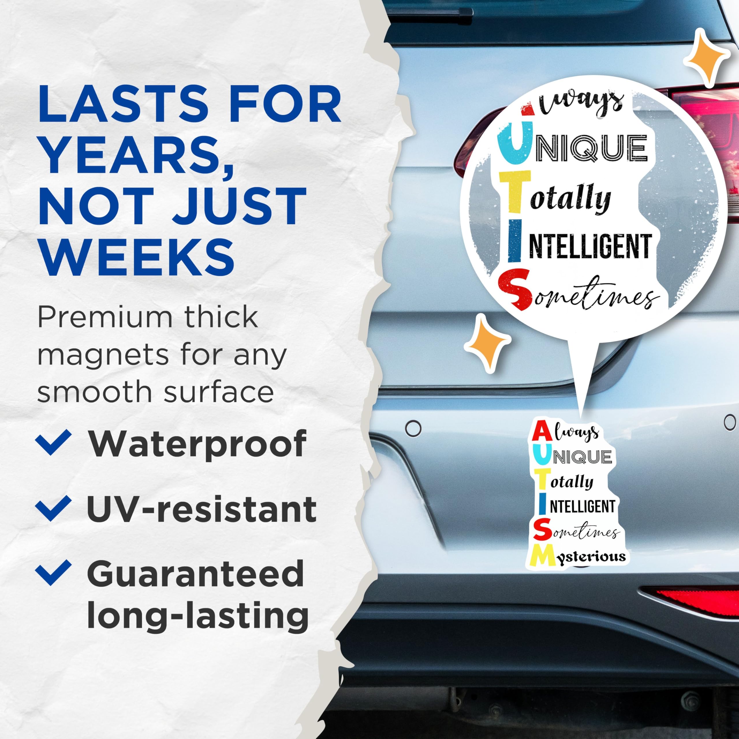 (2 Pack) Always Unique Totally Intelligent Sometimes Mysterious Magnets - Autism Awareness - 5" On Longest Side - for Cars, Refrigerators, Toolboxes, Lockers - Made in USA BMCS3211