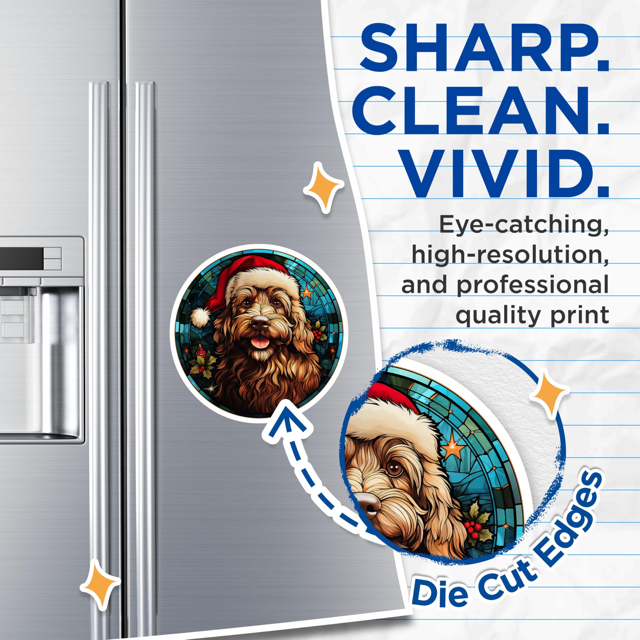 (2 Pack) Christmas Dog Magnets - Stained Glass Doodle Puppy - Holiday Pet Decor - Festive Doggie Fridge Art - 5 Inches On Longest Side - Thick Durable Magnet - Made in USA - MAG30429