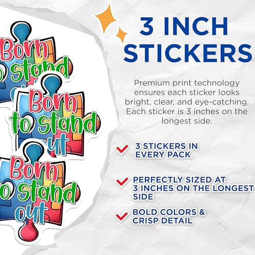 (3 Pack) Autism Awareness Decals - Puzzle Piece Decal - Born to Stand Out Stickers - 3 Inches On Longest Side - Easy Peel & Apply - Made in USA - 3MCS1977