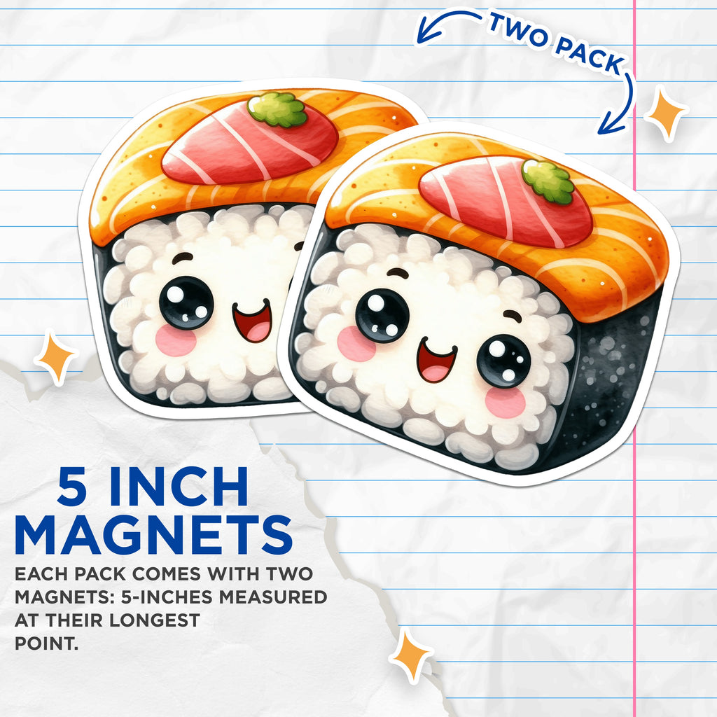 (2 Pack) Kawaii Sushi Roll Magnets - Cute Anime Food Refrigerator Decor - Japanese Kitchen Fun - 5 Inches On Longest Side - Thick Durable Magnet - Made in USA - MAG39664