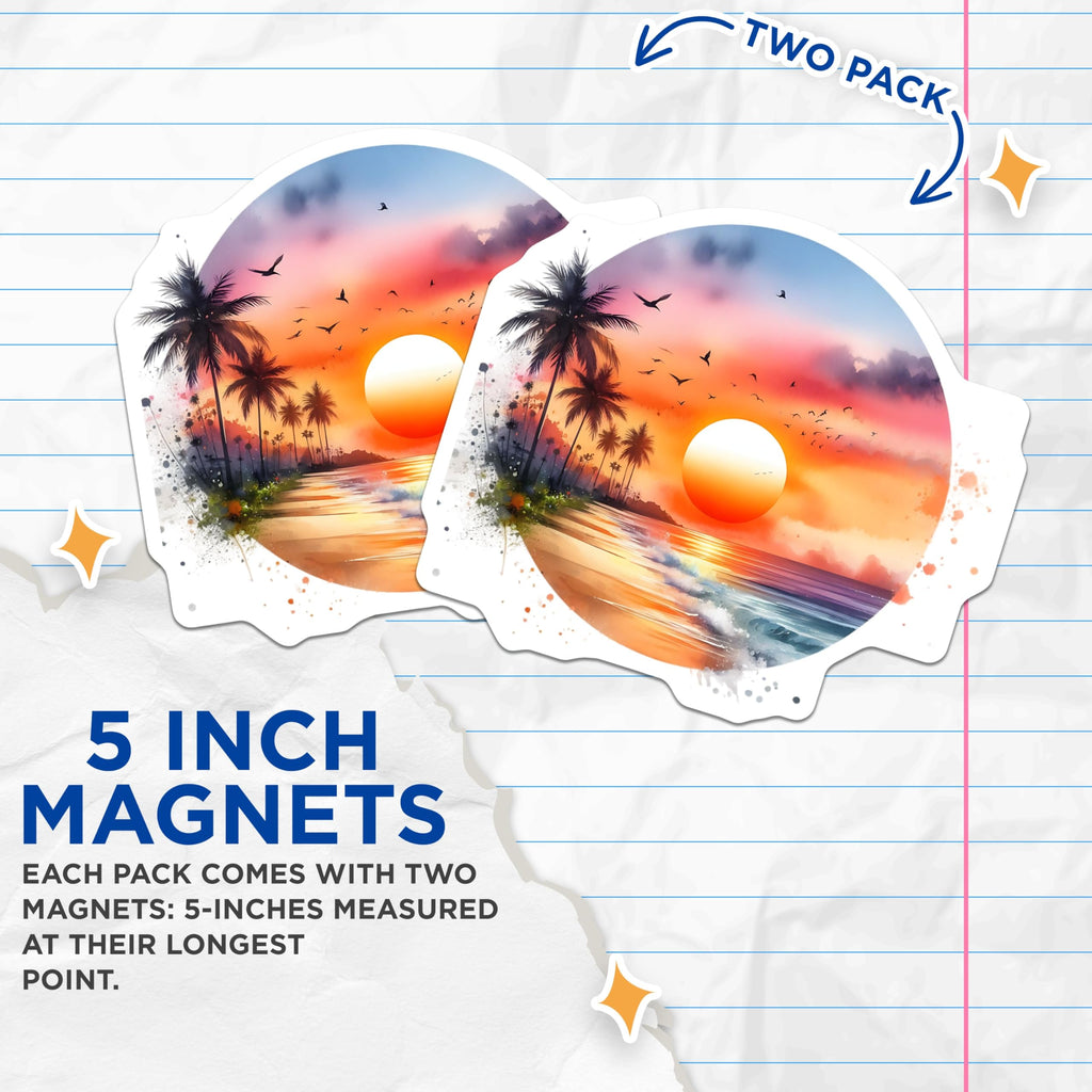 (2 Pack) Beach Sunset Magnets - Palm Tree Art- Ocean Scene Decor - 5" On Longest Side - Premium Magnet - for Cars, Refrigerators, Toolboxes, Lockers - Made in USA - MAG16110