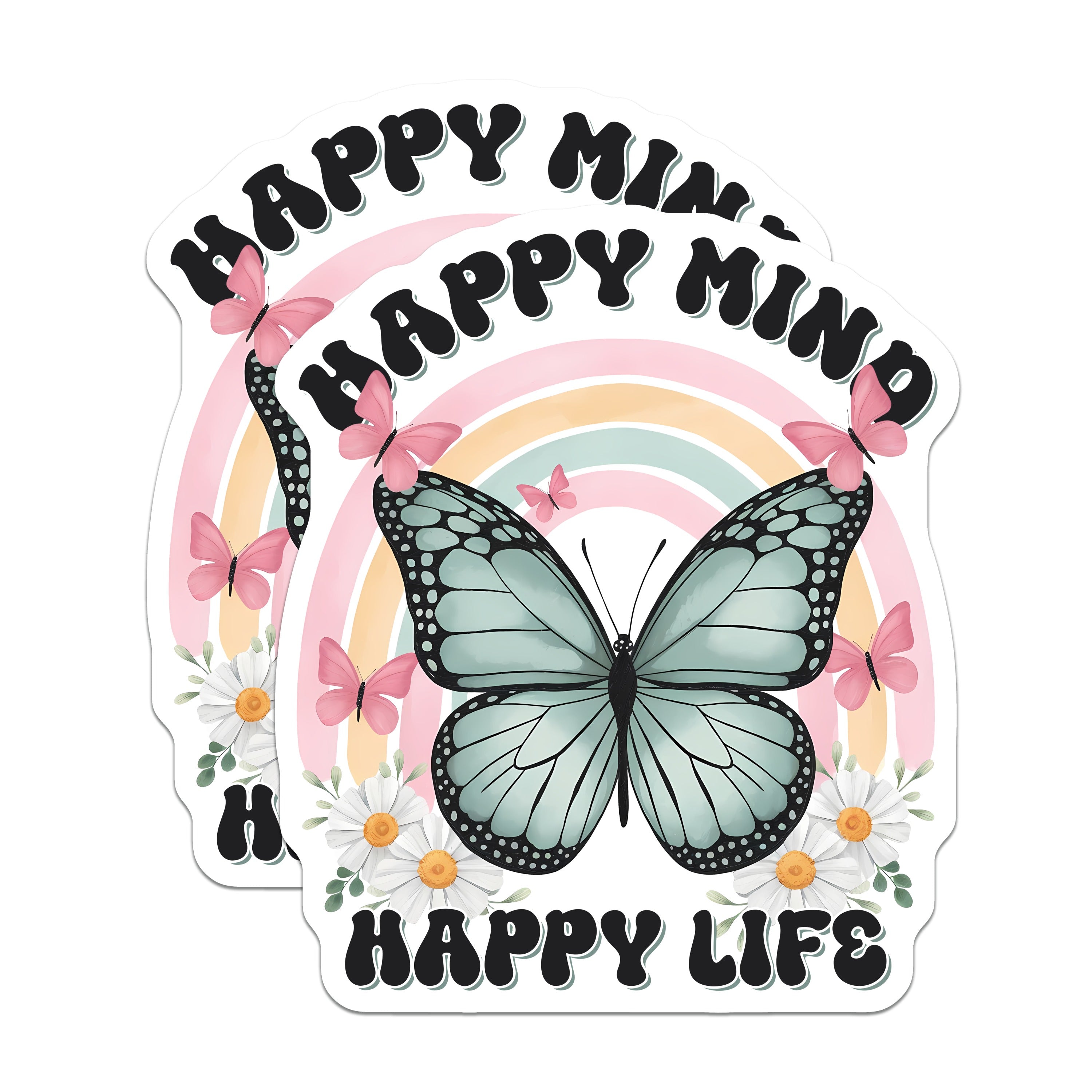 (2 Pack) Happy Mind Happy Life Magnets - Butterfly Daisy Rainbow Fridge Decor - Positive Affirmation Locker - 5 Inches On Longest Side - Thick Durable Magnet - Made in USA - MAG37320
