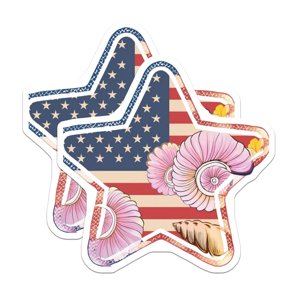(2 Pack) American Flag Seashells Stickers - Coastal USA Theme - Nautical Shells Design - 5" On Longest Side - Sticks to Smooth Flat Surfaces - Made in USA - BMCS8994