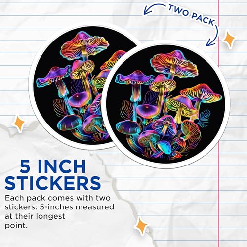 (2 Pack) Mushroom Stickers - Neon Psychedelic Mushroom - Trippy Mushroom Art - 5" On Longest Side - Sticks to Smooth Flat Surfaces - Made in USA - BMCS6567