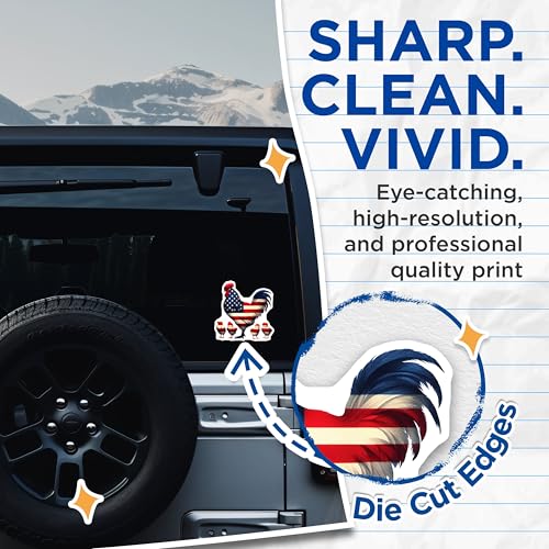 (2 Pack) Patriotic Rooster Stickers - American Rooster and Chicks - USA Flag Animal Stickers - 5" On Longest Side - Sticks to Smooth Flat Surfaces - Made in USA - BMCS7132