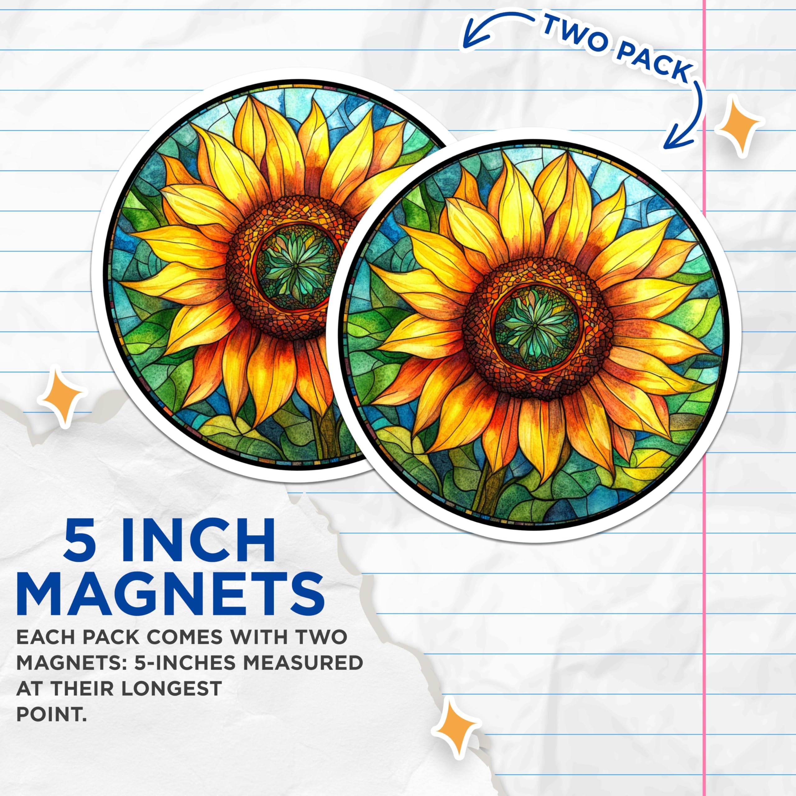 (2 Pack) Sunflower Stained Glass Magnets - Boho Floral Refrigerator Decor - Nature Inspired Art Mandala Accent - 5 Inches On Longest Side - Thick Durable Magnet - Made in USA - MAG28114