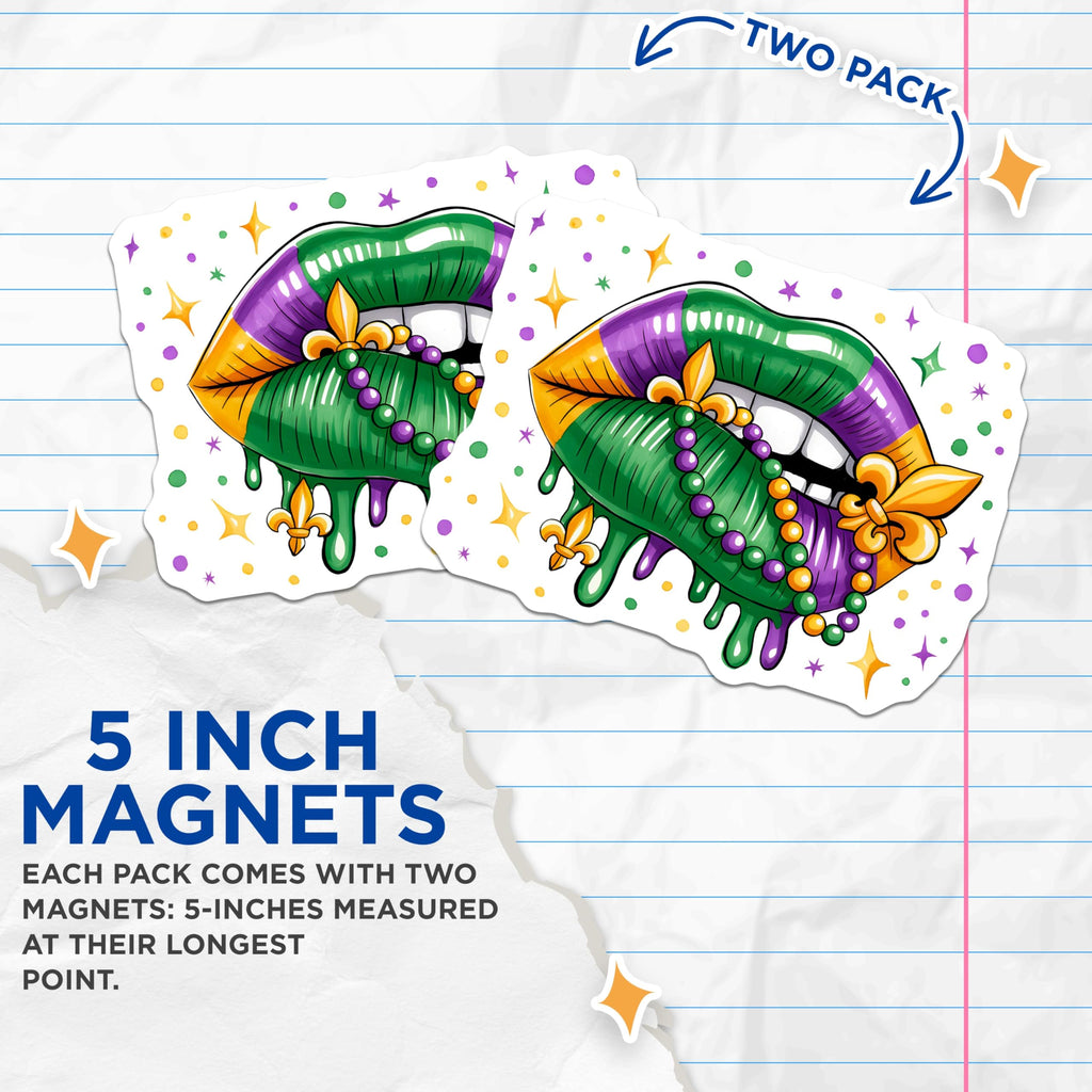 (2 Pack) Mardi Gras Lips Magnets - New Orleans Celebration - Fleur De Lis Decor - Carnival Party Favors - 5 Inches On Longest Side - Thick Durable Magnet - Made in USA - MAG28138