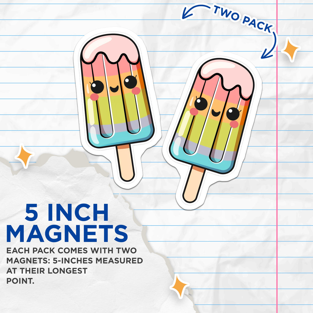 (2 Pack) Kawaii Popsicle Magnets - Rainbow Ice Pop Art - Cute Fridge Decor for Kitchen Locker - 5 Inches On Longest Side - Thick Durable Magnet - Made in USA - MAG36224
