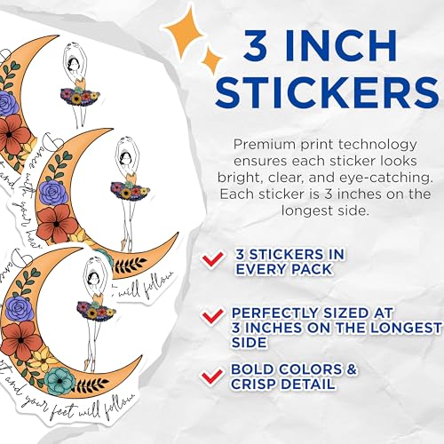 (3 Pack) Ballerina Decals - Dance with Your Heart - Floral Moon Decals - 3 Inches On Longest Side - Easy Peel & Apply - Made in USA - 3MCS2972