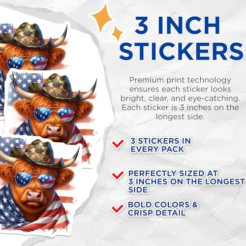 (3 Pack) Highland Cow Decals - Patriotic Bull - American Flag - Laptop Decals- 3 Inches On Longest Side - Easy Peel & Apply - Made in USA - 3MCS5117