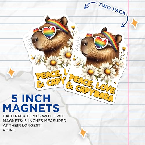 (2 Pack) Peace Love Capybara Magnets - Funny Animal Magnets - Cute Capybara Accessories for Fridge - Rainbow Heart Glasses - 5" On Longest Side - for Cars, Fridges, Toolboxes - Made in USA - MAG3750