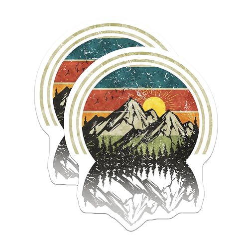 (2 Pack) Mountain Landscape Stickers - Retro Mountain Art - Nature Scene Decals - 5" On Longest Side - Sticks to Smooth Flat Surfaces - Made in USA - BMCS4734