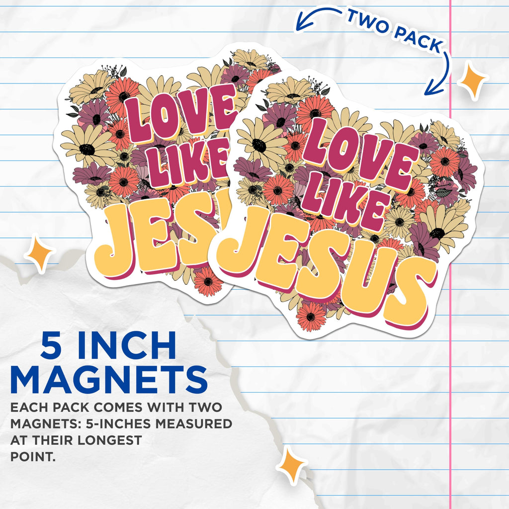 (2 Pack) Floral Christian Magnets - Love Like Jesus - Religious Refrigerator Decoration - 5" On Longest Side - Premium Magnet - for Cars, Refrigerators, Toolboxes, Lockers - Made in USA - MAG16273
