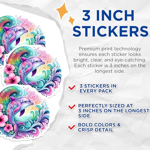 (3 Pack) Dolphin Decals - Floral Ocean Theme - Laptop Decals - 3 Inches On Longest Side - Easy Peel & Apply - Made in USA - 3MCS8242