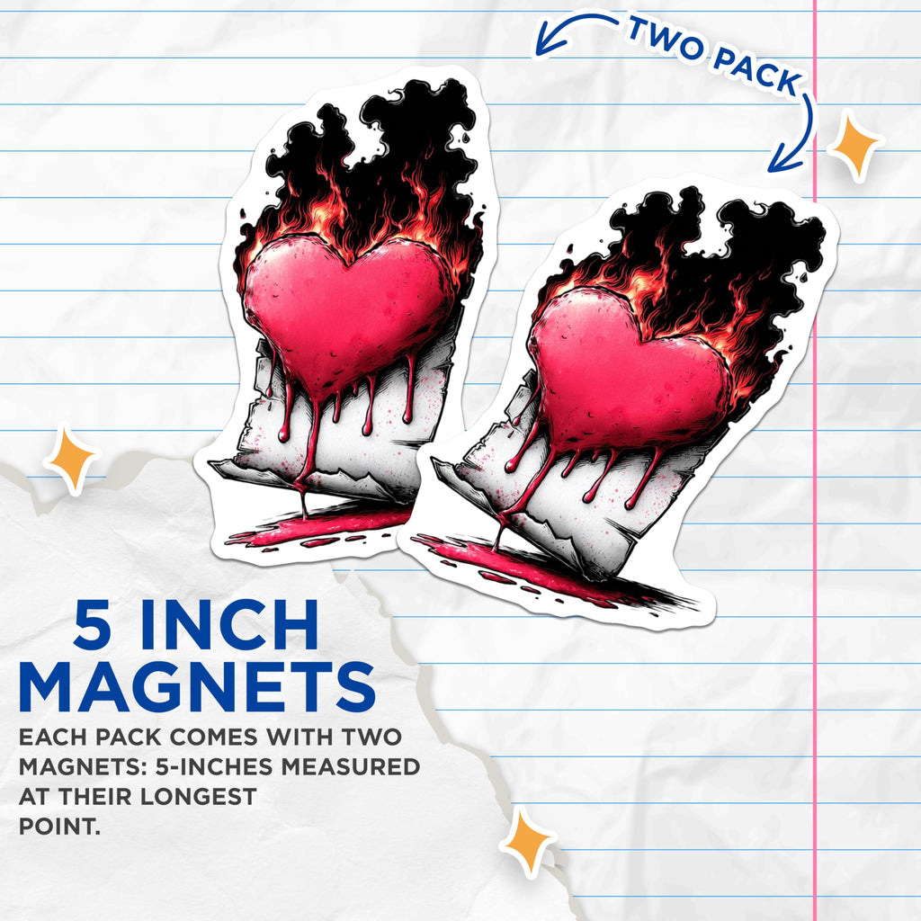 (2 Pack) Burning Heart Magnets - Bleeding Love Art - Passionate Gothic Aesthetic - Emotional Flame Refrigerator Decor - 5 Inches On Longest Side - Thick Durable Magnet - Made in USA - MAG22254