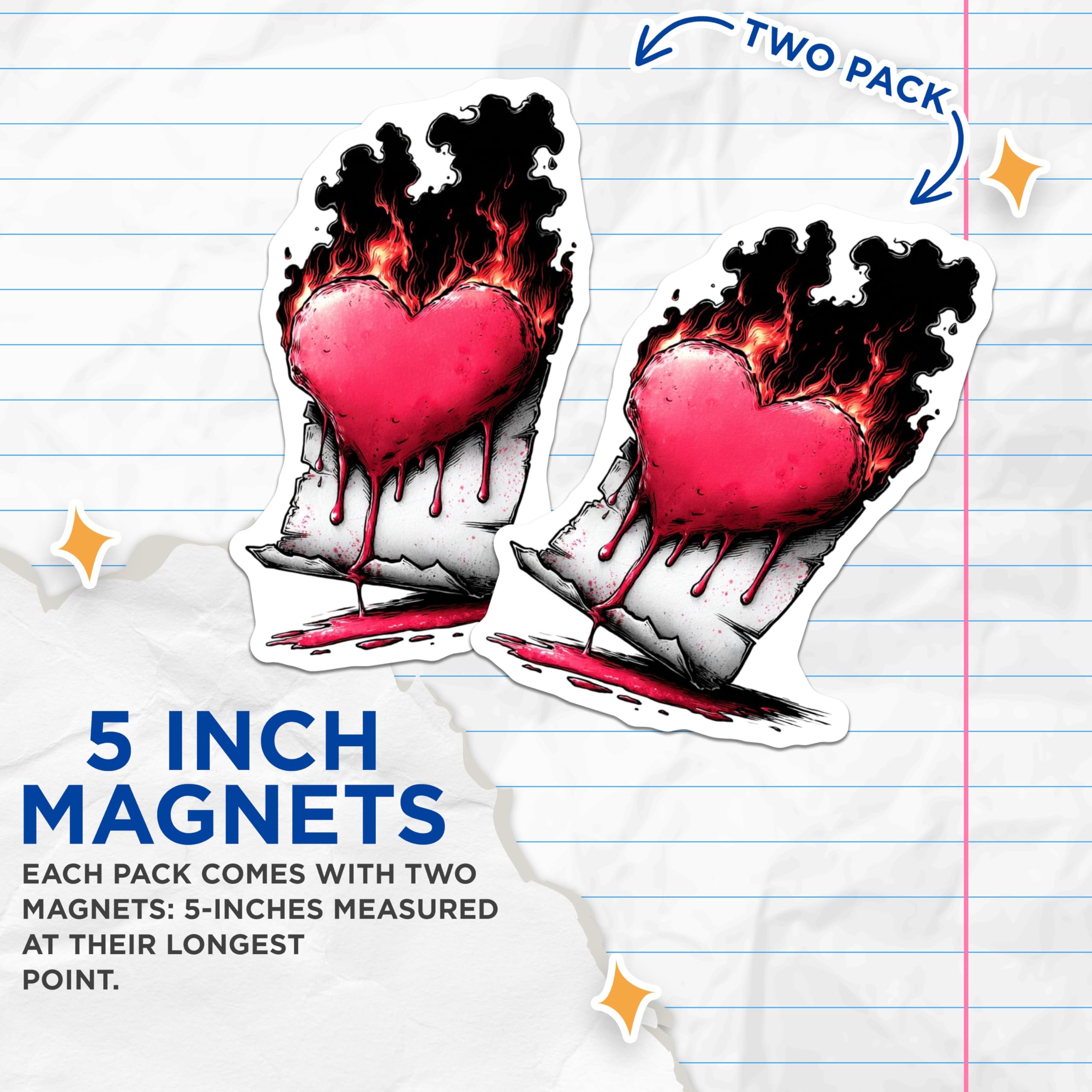 (2 Pack) Burning Heart Magnets - Bleeding Love Art - Passionate Gothic Aesthetic - Emotional Flame Refrigerator Decor - 5 Inches On Longest Side - Thick Durable Magnet - Made in USA - MAG22254