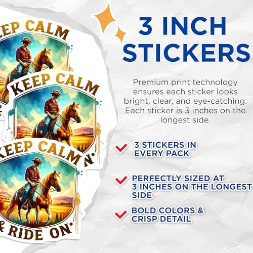 (3 Pack) Keep Calm and Ride On Decals - Cowboy Horse Decals - Laptop Decal- 3 Inches On Longest Side - Easy Peel & Apply - Made in USA - 3MCS5547