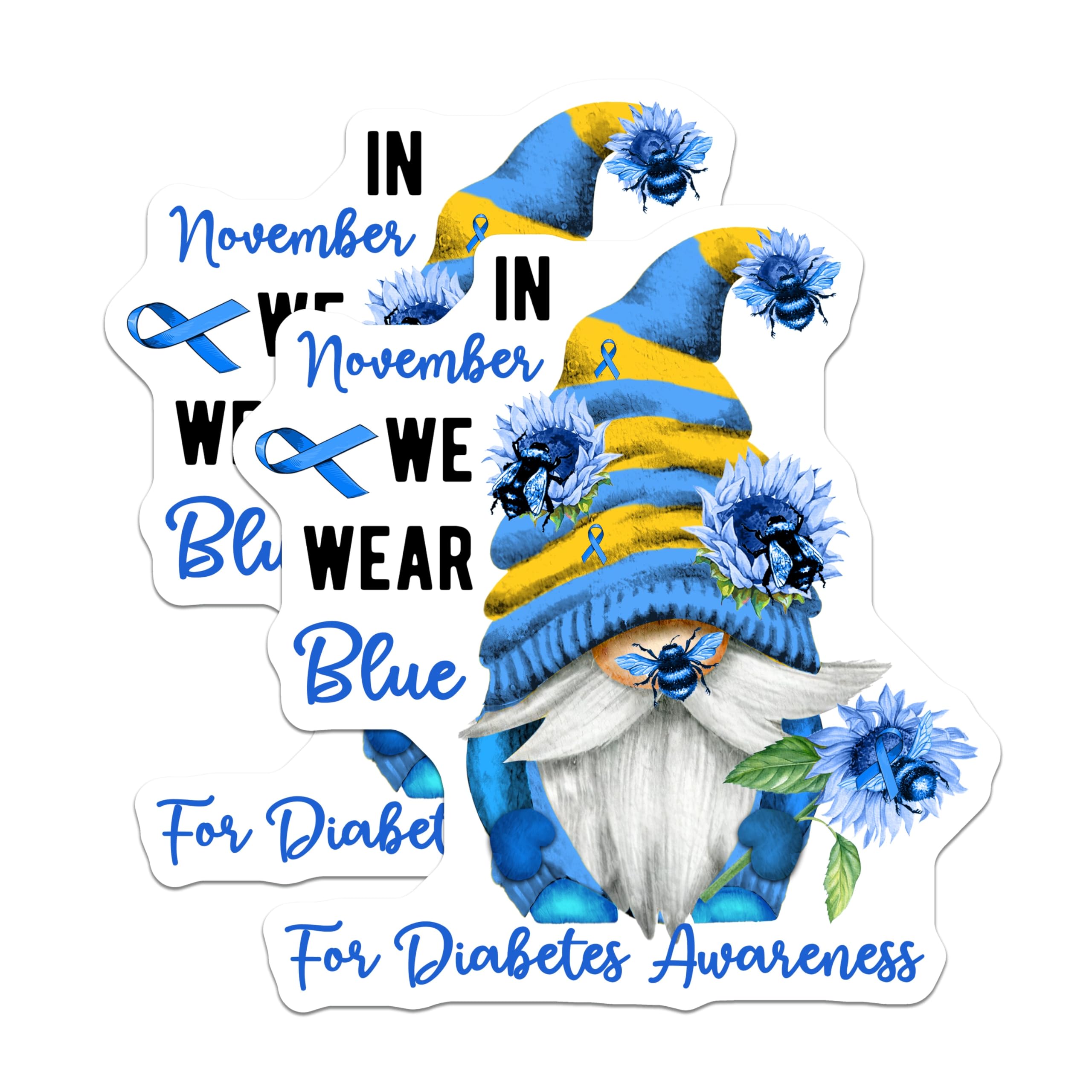 (2 Pack) Diabetes Awareness Gnome Magnets - Blue Ribbon Support - Bee and Flower Art - 5" On Longest Side - Premium Magnet - for Cars, Refrigerators, Toolboxes, Lockers - Made in USA - MAG16952