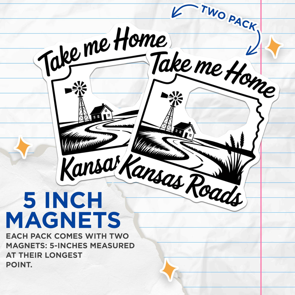 (2 Pack) Kansas Roads Magnets - Take Me Home - Farmhouse State Souvenir - 5" On Longest Side - Premium Magnet - for Cars, Refrigerators, Toolboxes, Lockers - Made in USA - MAG18812