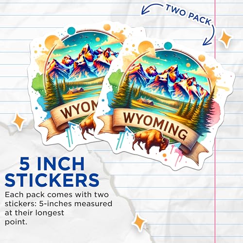 (2 Pack) Wyoming Adventure Stickers - Nature Mountain Scene - Buffalo Landscape Decals - 5" On Longest Side - Sticks to Smooth Flat Surfaces - Made in USA - BMCS6629