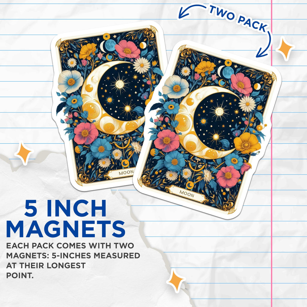(2 Pack) Celestial Moon Magnets - Enchanting Floral Art - Mystical Night Sky Decor - Tarot Card Aesthetic Fridge Magnets - 5 Inches On Longest Side - Thick Durable Magnet - Made in USA - MAG23183