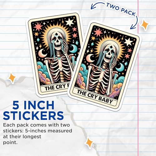 (2 Pack) Cry Baby Skeleton Stickers - Retro Skeleton Sticker - Emotional Skeleton Art Decals - 5" On Longest Side - Sticks to Smooth Flat Surfaces - Made in USA - BMCS5376