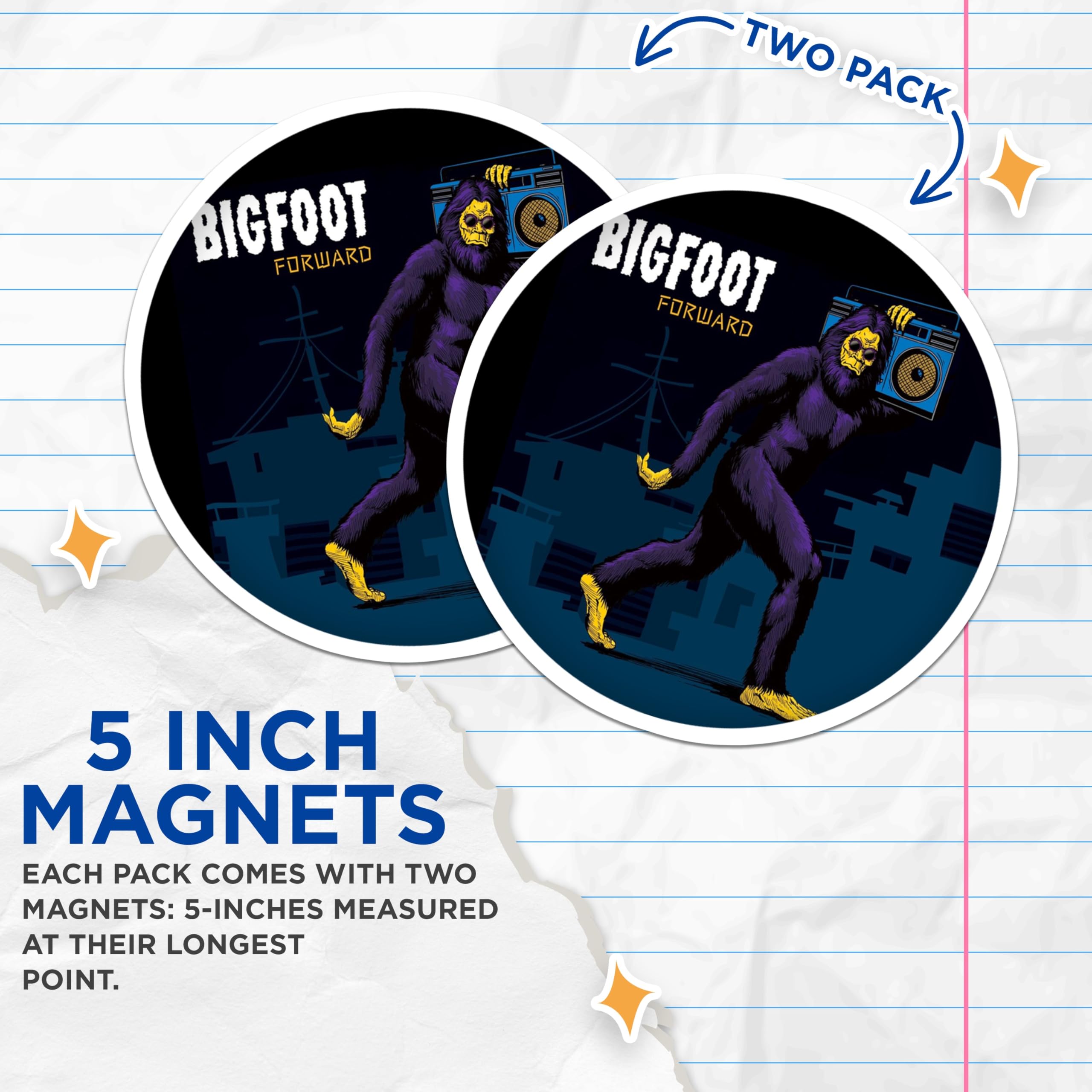 (2 Pack) Bigfoot Magnets - Sasquatch Boombox Retro 80s Design - Cryptozoology Pop Culture Appliance Refrigerator Art - 5 Inches On Longest Side - Thick Durable Magnet - Made in USA - MAG24185