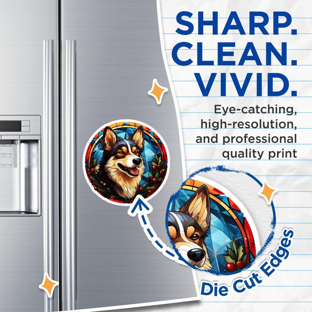 (2 Pack) Corgi Christmas Magnets - Stained Glass Dog Art - Holiday Pet Decor - 5 Inches On Longest Side - Thick Durable Magnet - Made in USA - MAG27525