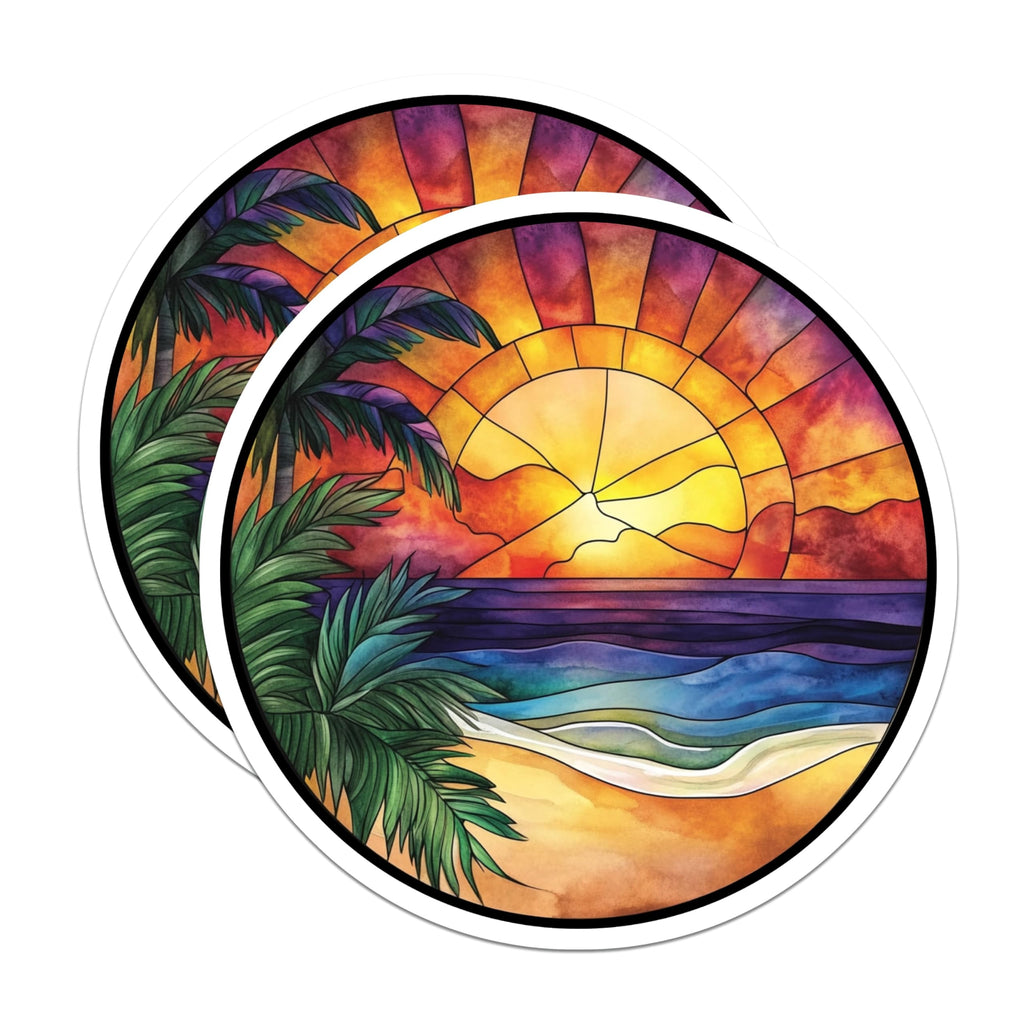 (2 Pack) Tropical Sunset Magnets - Stained Glass Beach Art - Coastal Decor Vacation Memory - 5 Inches On Longest Side - Thick Durable Magnet - Made in USA - MAG27517