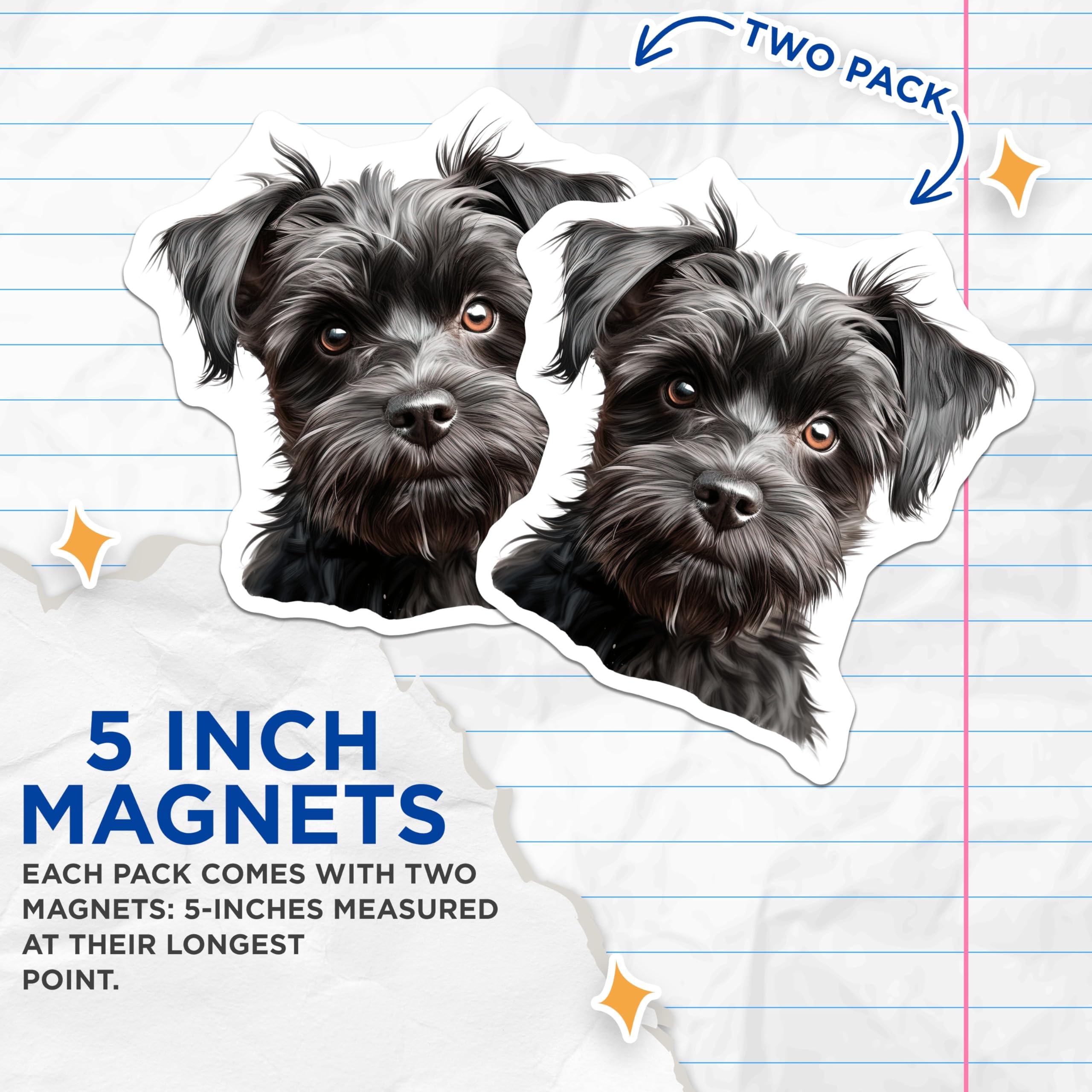 (2 Pack) Black Shaggy Dog Magnets - Cute Schnauzer Puppy Art - Pet Lover Kitchen Decor - Refrigerator Animal Accent - 5 Inches On Longest Side - Thick Durable Magnet - Made in USA - MAG24705