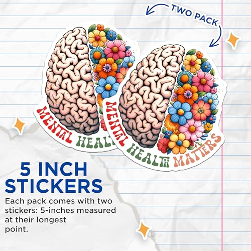 (2 Pack) Mental Health Awareness Stickers - Brain and Flowers Stickers - Mental Health Matters Stickers - 5" On Longest Side - Sticks to Any Smooth Flat Surface - Made in USA - BMCS3244