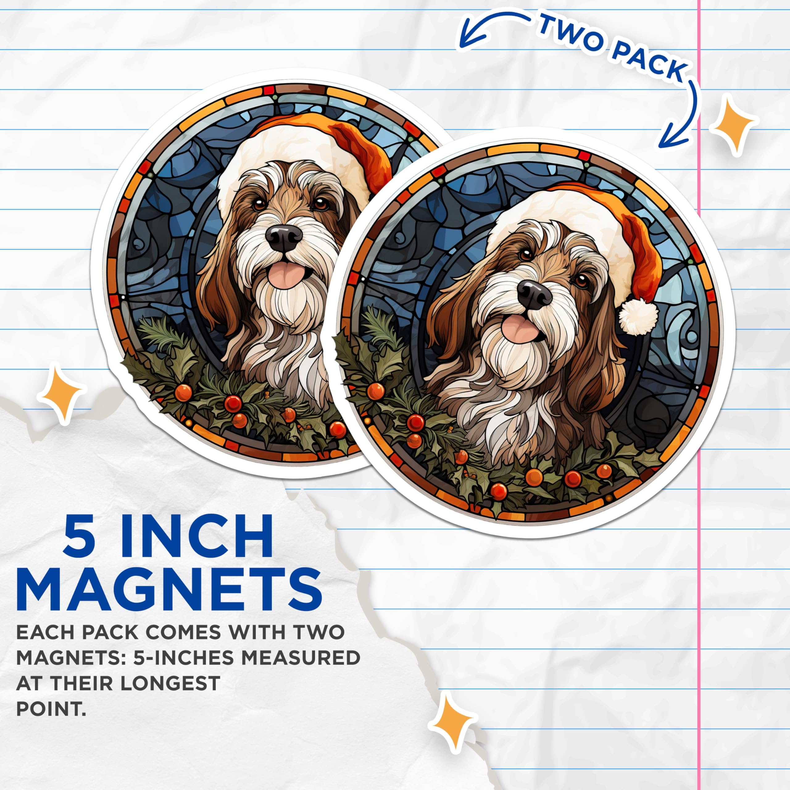 (2 Pack) Christmas Dog Magnets - Stained Glass Pet Decor - Santa Hat Puppy Fridge Decoration - 5 Inches On Longest Side - Thick Durable Magnet - Made in USA - MAG25749