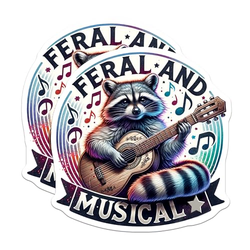 (2 Pack) Feral and Musical Stickers - Raccoon Playing Guitar Stickers - Cute Animal Music Stickers - 5" On Longest Side - Sticks to Smooth Flat Surfaces - Made in USA - BMCS4542