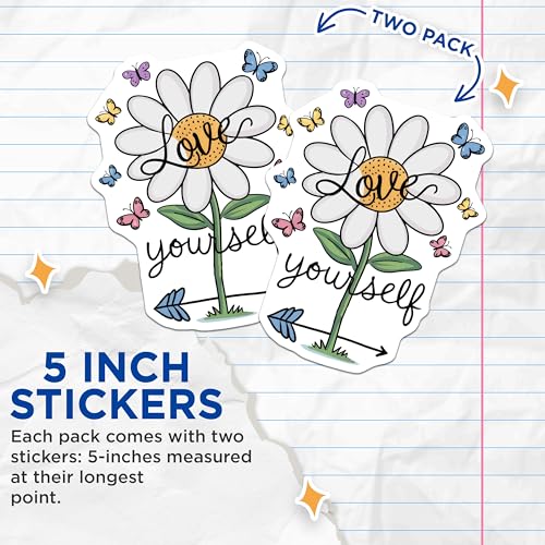 (2 Pack) Love Yourself Daisy Stickers - Motivational Flower Sticker - Butterfly Sticker - 5" On Longest Side - Sticks to Smooth Flat Surfaces - Made in USA - BMCS8955 - Self Care Quote Decal