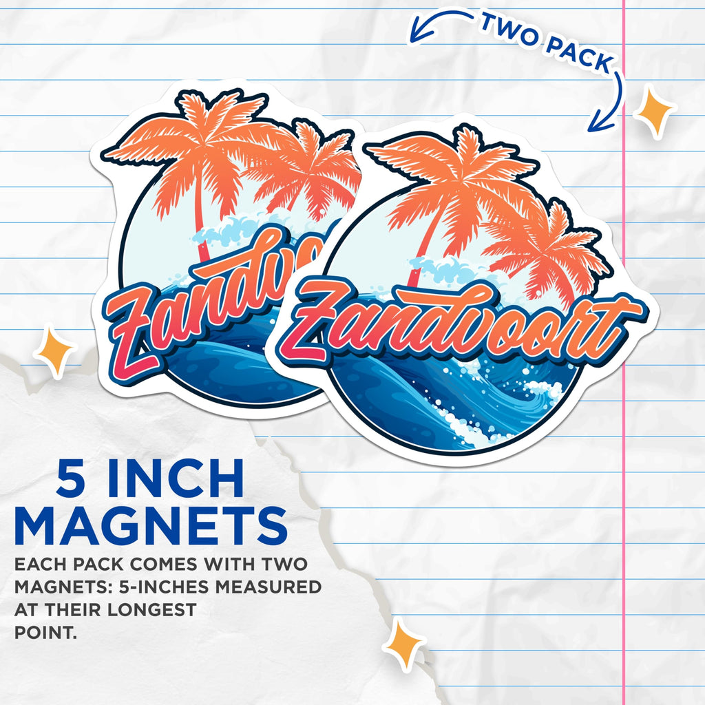 (2 Pack) Zandvoort Netherlands Magnets - Palm Tree Beach - Travel Souvenir - 5" On Longest Side - Premium Magnet - for Cars, Refrigerators, Toolboxes, Lockers - Made in USA - MAG18095