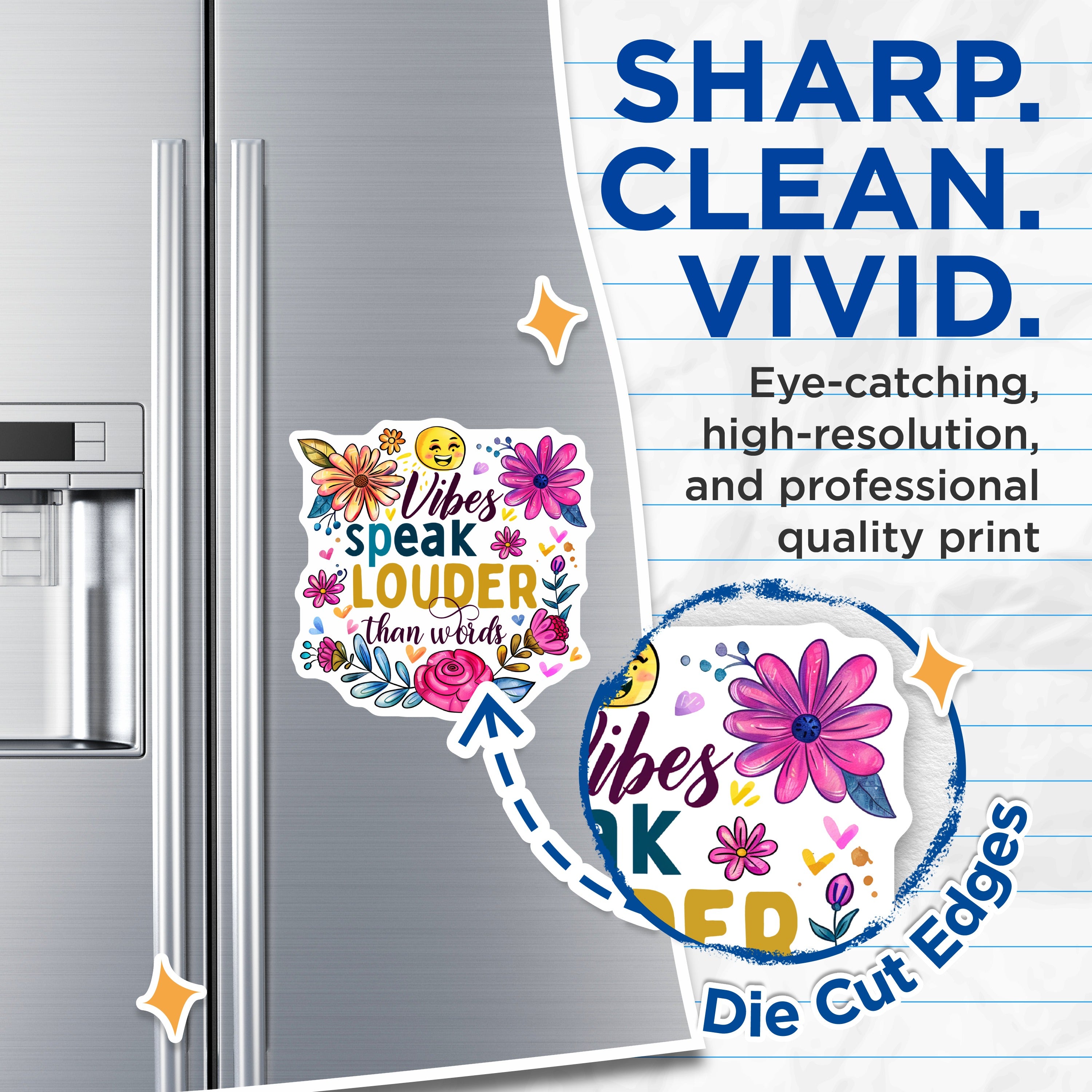 (2 Pack) Good Vibes Magnets - Positive Quote Decor - Floral Happy Emoji Art - 5 Inches On Longest Side - Thick Durable Magnet - Made in USA - MAG36467