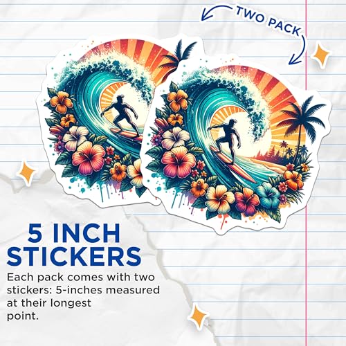 (2 Pack) Colorful Surfing Wave Stickers - Vibrant Surf Art - Tropical Beach Theme - 5" On Longest Side - Sticks to Smooth Flat Surfaces - Made in USA - BMCS6450