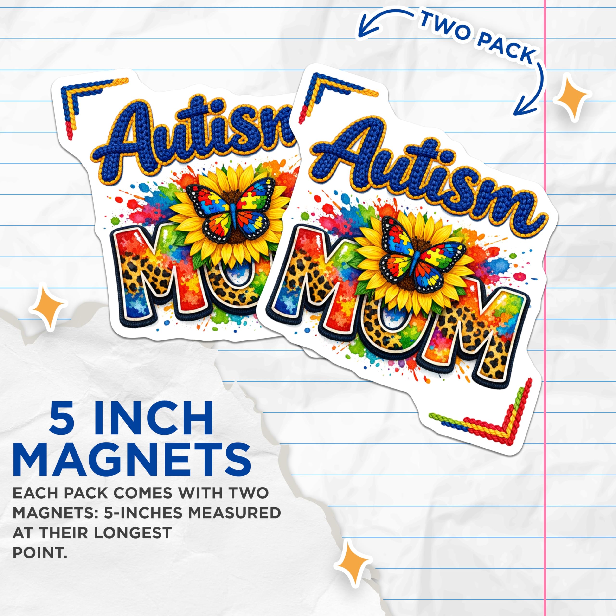 (2 Pack) Autism Mom Magnets - Autism Awareness - Puzzle Piece Butterfly - Sunflower Design - Special Needs Support - 5 Inches On Longest Side - Thick Durable Magnet - Made in USA - MAG20675
