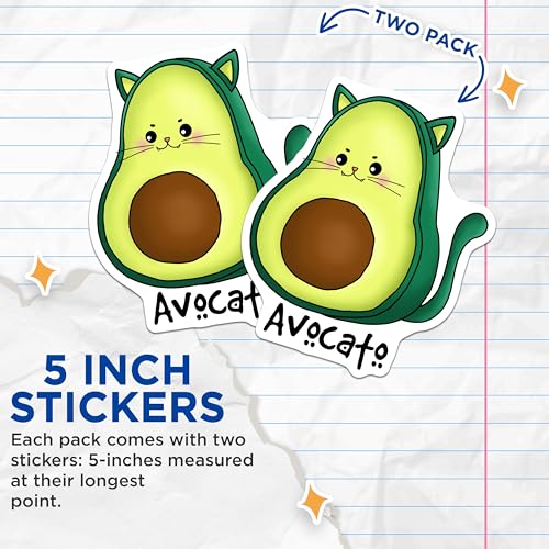 (2 Pack) Avocado Cat Stickers - Cute Avocato Sticker - Funny Food Sticker - 5" On Longest Side - Sticks to Smooth Flat Surfaces - Made in USA - BMCS9467