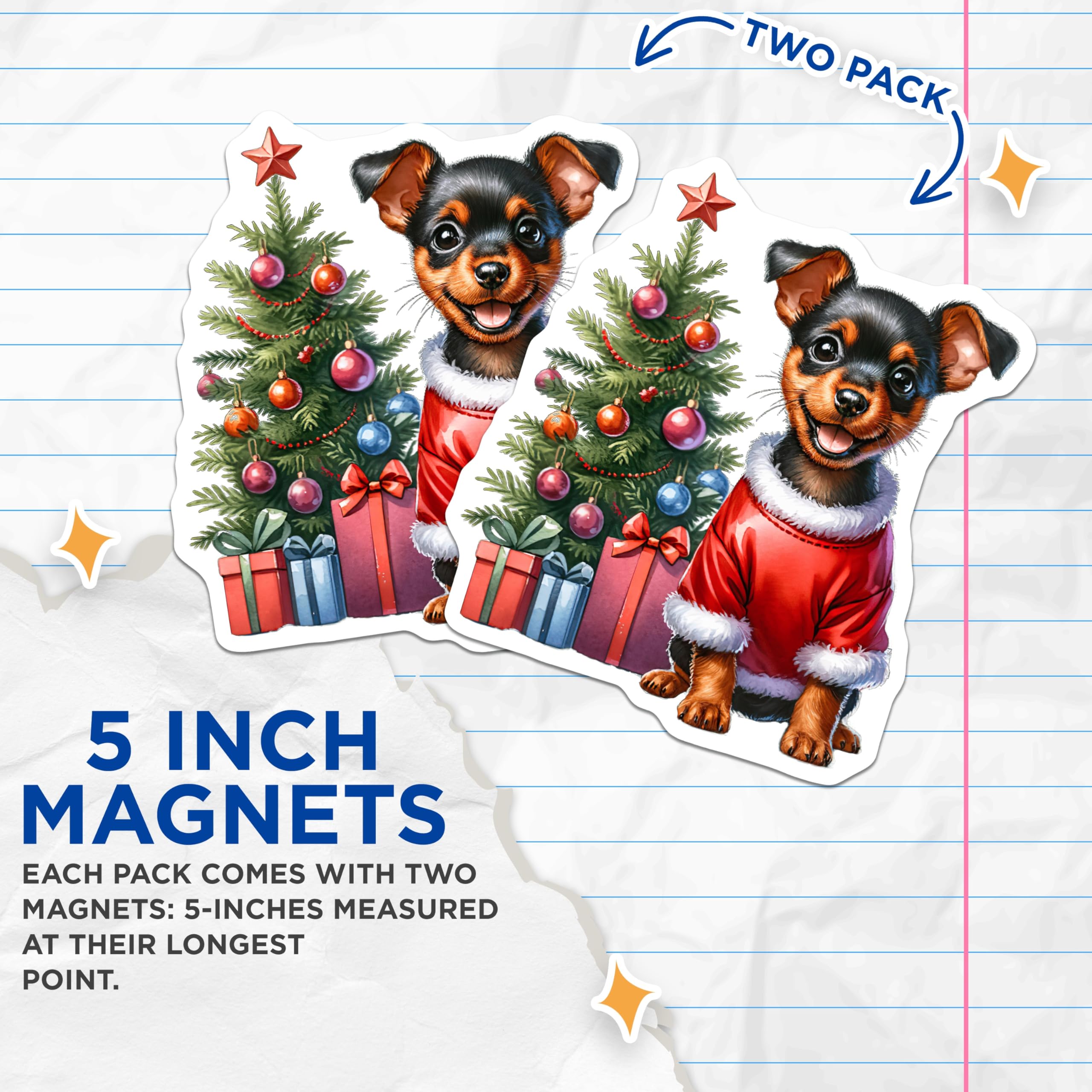 (2 Pack) Christmas Puppy Magnets - Santa Dog Holiday Decor - Festive Winter Animal Scene - Refrigerator Locker Accent - 5 Inches On Longest Side - Thick Durable Magnet - Made in USA - MAG23481