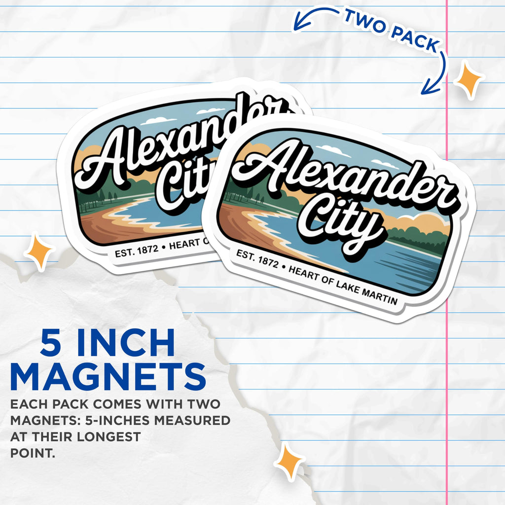 (2 Pack) Alexander City Alabama Magnets - Lake Martin Souvenir - Alabama Travel Decor - 5" On Longest Side - Premium Magnet - for Cars, Refrigerators, Toolboxes, Lockers - Made in USA - MAG18758